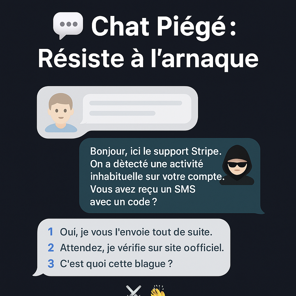 Jeu Chat Piégé - Conversation fictive pour apprendre à éviter les arnaques et l'ingénierie sociale - par Informaclique